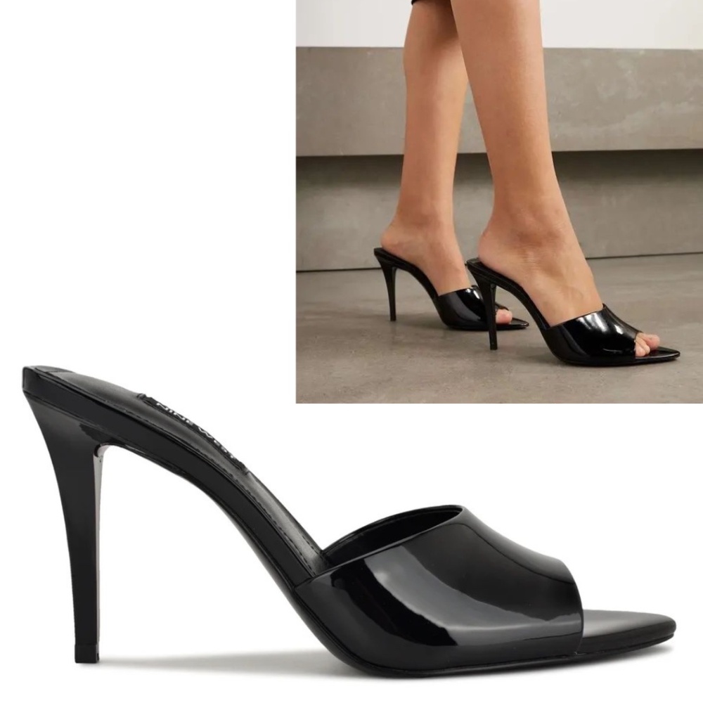 Nine West 9.5 Hather Black Patent Pointed Open Toe Stiletto Mules Heel Sleek Y2K